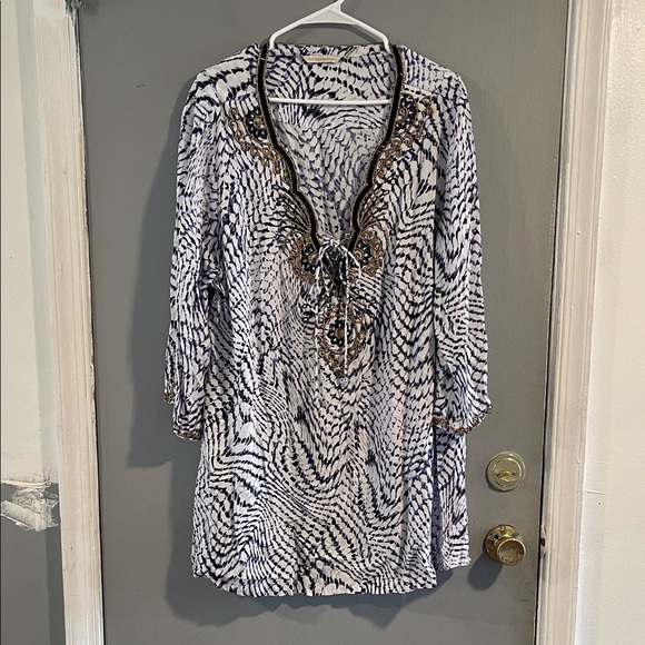 Soft Surroundings Beaded Tunic Top Blue White Tie Dye Cover Up Boho - Picture 1 of 6